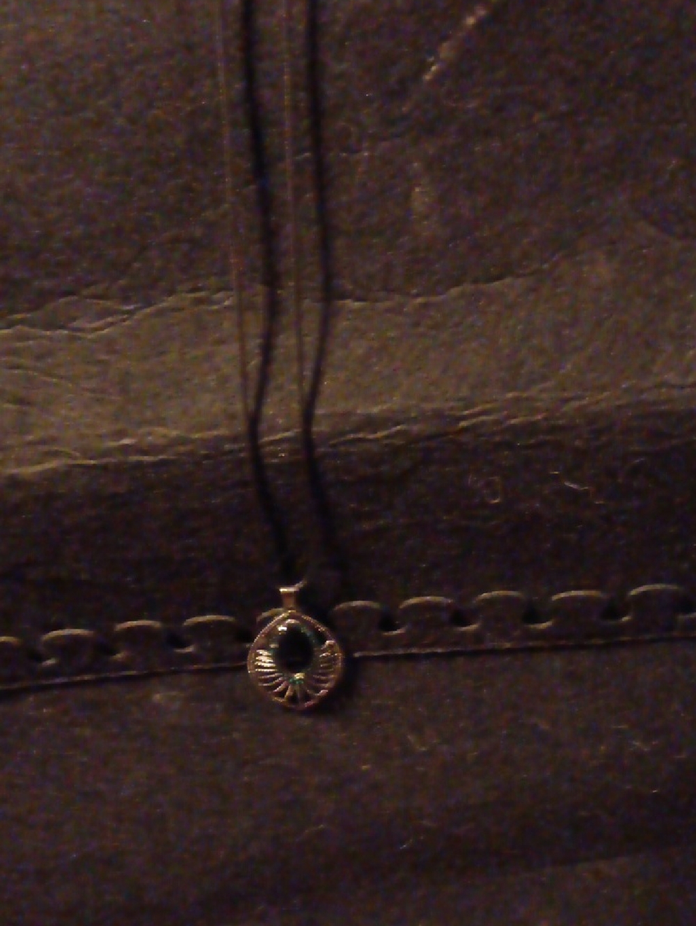 Silver-Tone Round Pendant Necklace with Dark Green Stone